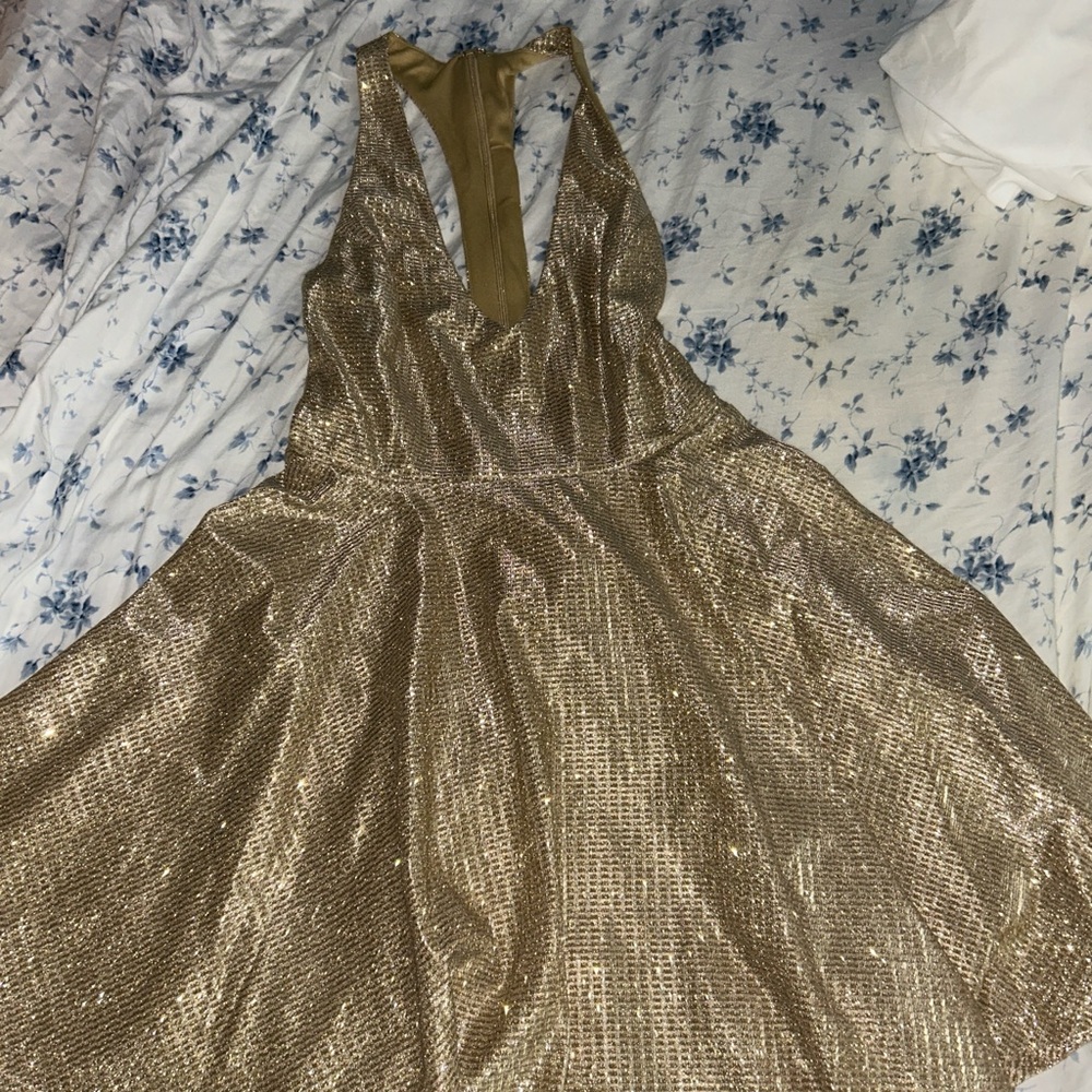 Gold halter skater dress - perfect for dances, formals, birthdays 
runs big